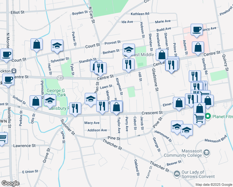 map of restaurants, bars, coffee shops, grocery stores, and more near 14 Henry Street in Brockton