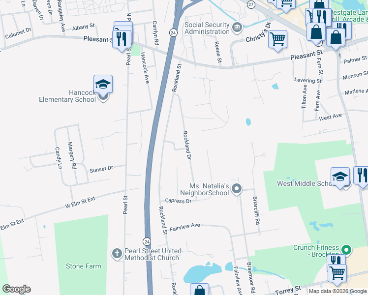 map of restaurants, bars, coffee shops, grocery stores, and more near 34 Rockland Circle in Brockton