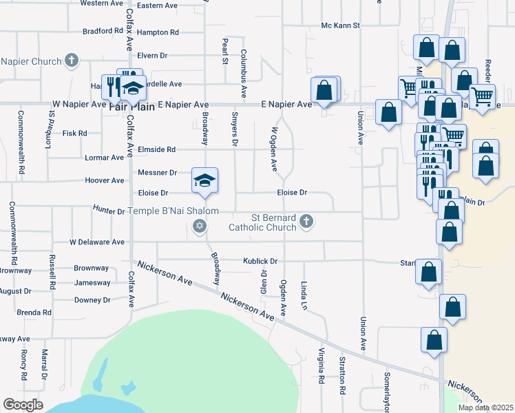 map of restaurants, bars, coffee shops, grocery stores, and more near 427 Waverly Drive in Benton Harbor
