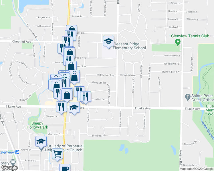 map of restaurants, bars, coffee shops, grocery stores, and more near 1514 Evergreen Terrace in Glenview