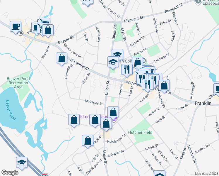 map of restaurants, bars, coffee shops, grocery stores, and more near 200 Union Street in Franklin