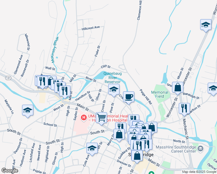map of restaurants, bars, coffee shops, grocery stores, and more near 29 River Street in Southbridge