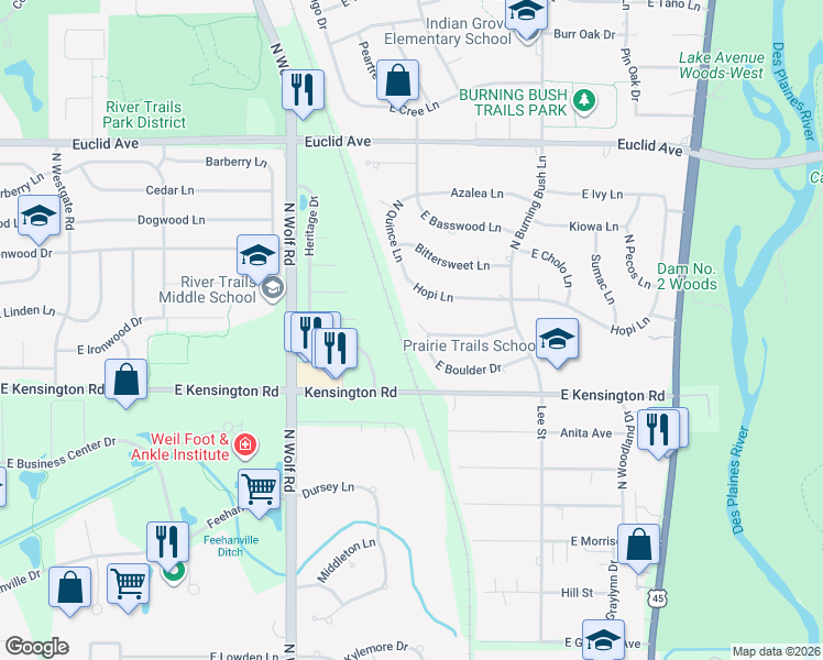map of restaurants, bars, coffee shops, grocery stores, and more near 1803 East Boulder Drive in Mount Prospect