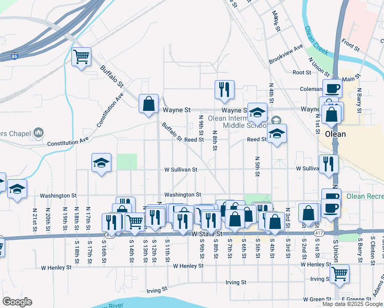 map of restaurants, bars, coffee shops, grocery stores, and more near 1015 Buffalo Street in Olean