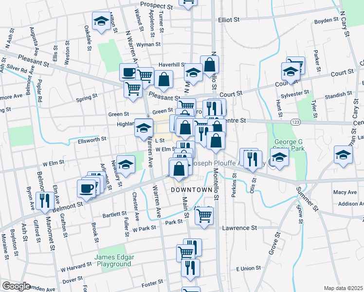 map of restaurants, bars, coffee shops, grocery stores, and more near 157 Main Street in Brockton