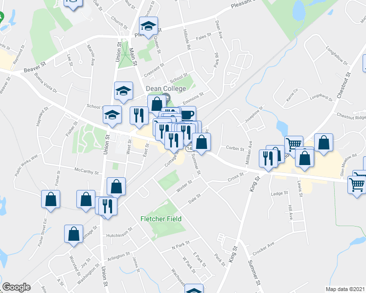 map of restaurants, bars, coffee shops, grocery stores, and more near 18 East Central Street in Franklin