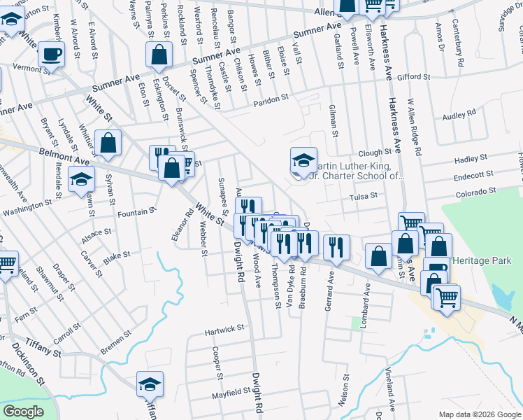 map of restaurants, bars, coffee shops, grocery stores, and more near 32 Bentley Street in Springfield