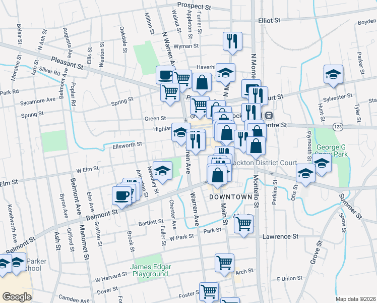 map of restaurants, bars, coffee shops, grocery stores, and more near 175 Warren Avenue in Brockton