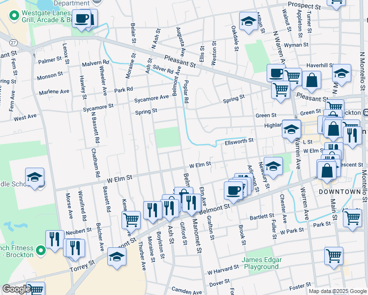 map of restaurants, bars, coffee shops, grocery stores, and more near 127 Ellsworth Street in Brockton