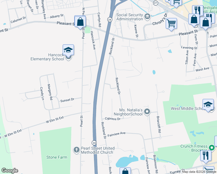 map of restaurants, bars, coffee shops, grocery stores, and more near 5 Rockland Circle in Brockton