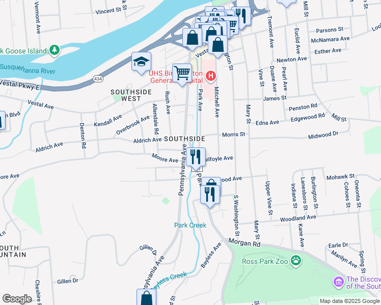 map of restaurants, bars, coffee shops, grocery stores, and more near 109 Pennsylvania Avenue in Binghamton