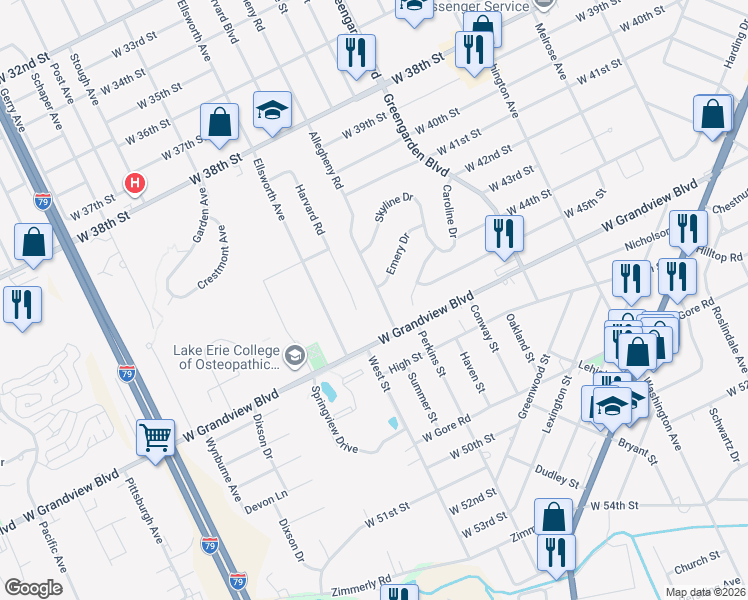 map of restaurants, bars, coffee shops, grocery stores, and more near 4417 Allegheny Road in Erie