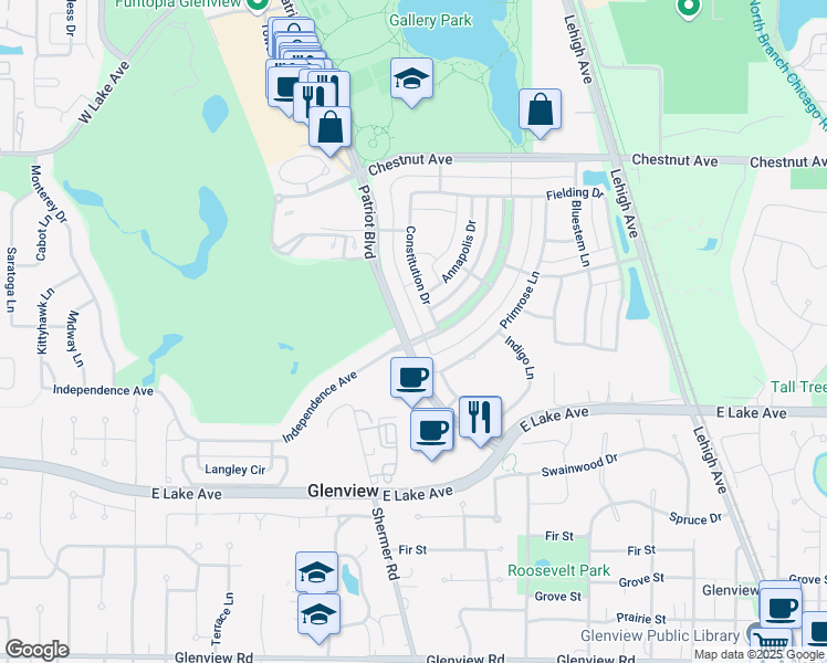 map of restaurants, bars, coffee shops, grocery stores, and more near 1518 Constitution Drive in Glenview