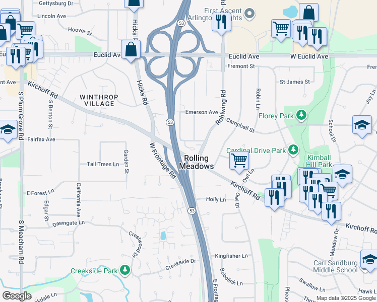 map of restaurants, bars, coffee shops, grocery stores, and more near 3819 Ashley Court in Rolling Meadows