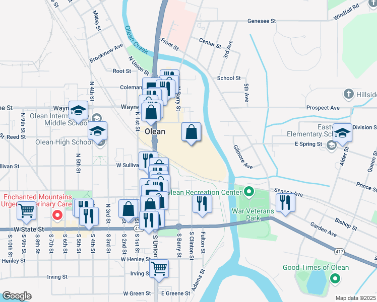 map of restaurants, bars, coffee shops, grocery stores, and more near 400 North Union Street in Olean