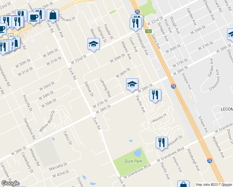 map of restaurants, bars, coffee shops, grocery stores, and more near 2424 W 37th St in Erie