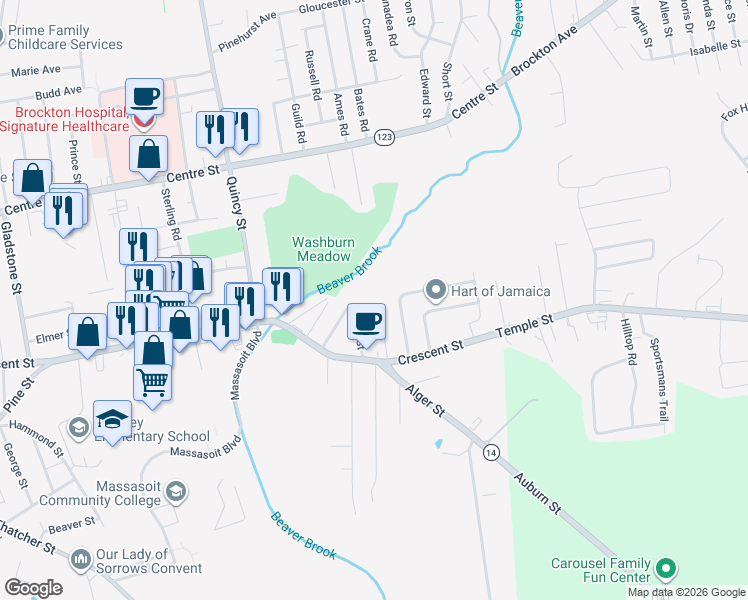 map of restaurants, bars, coffee shops, grocery stores, and more near 56 Hall Street in Brockton