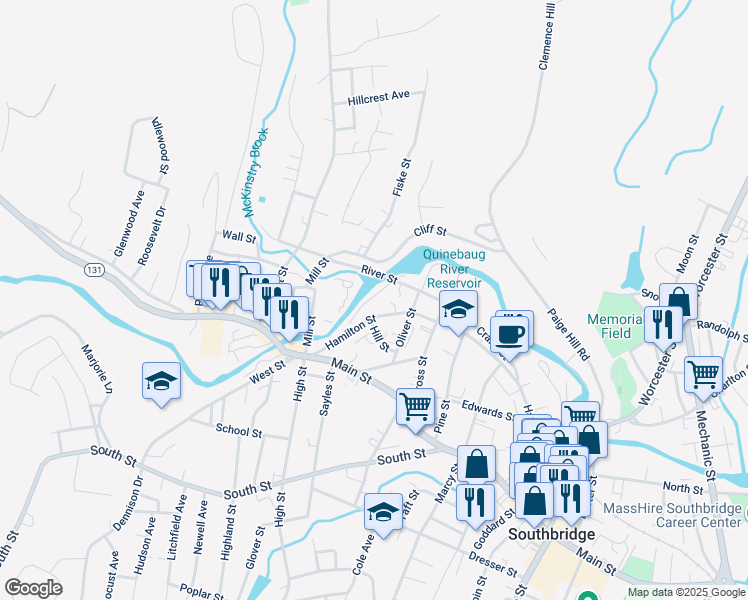 map of restaurants, bars, coffee shops, grocery stores, and more near 5 River Avenue in Southbridge