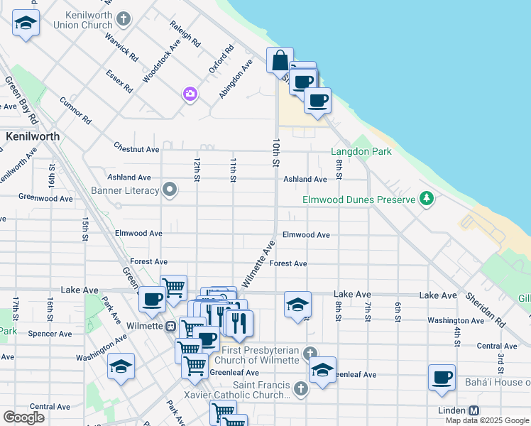 map of restaurants, bars, coffee shops, grocery stores, and more near 1011 Greenwood Avenue in Wilmette
