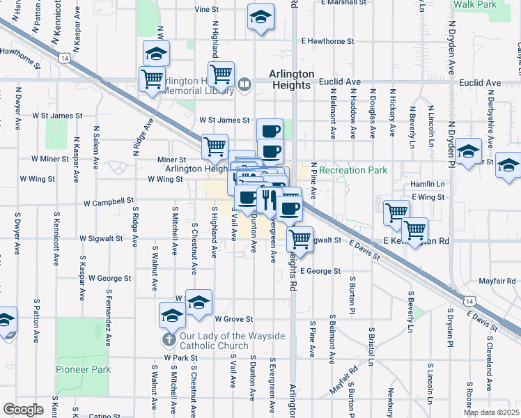 map of restaurants, bars, coffee shops, grocery stores, and more near 9 South Dunton Avenue in Arlington Heights