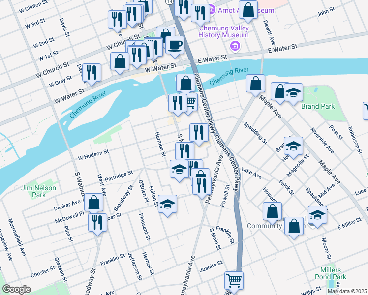 map of restaurants, bars, coffee shops, grocery stores, and more near 101 W Henry St in Elmira