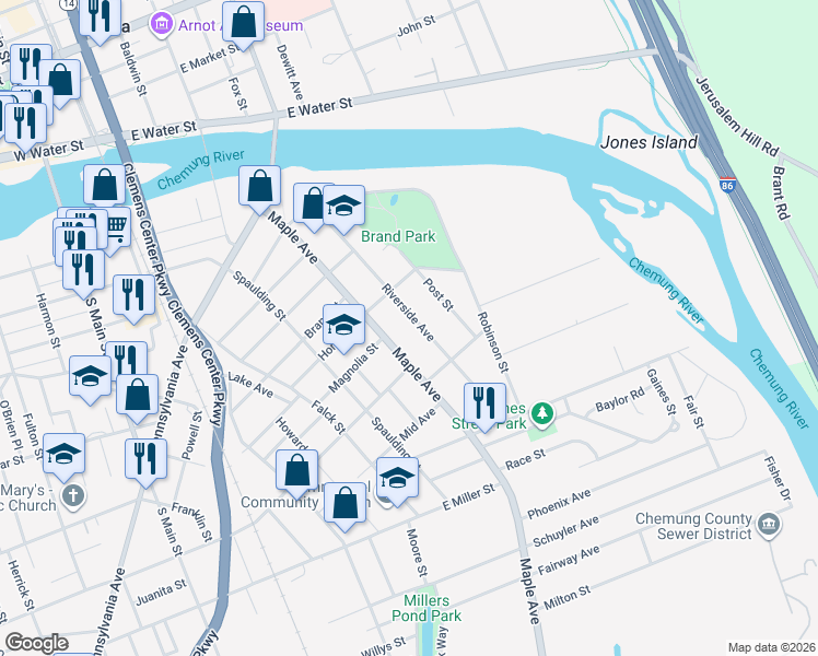 map of restaurants, bars, coffee shops, grocery stores, and more near 568 Riverside Ave in Elmira