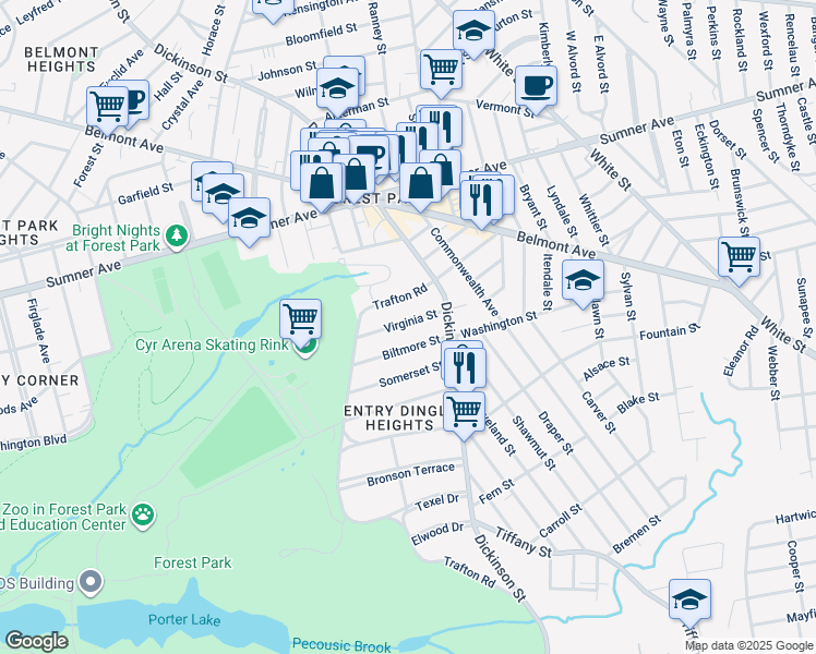 map of restaurants, bars, coffee shops, grocery stores, and more near 43 Virginia Street in Springfield