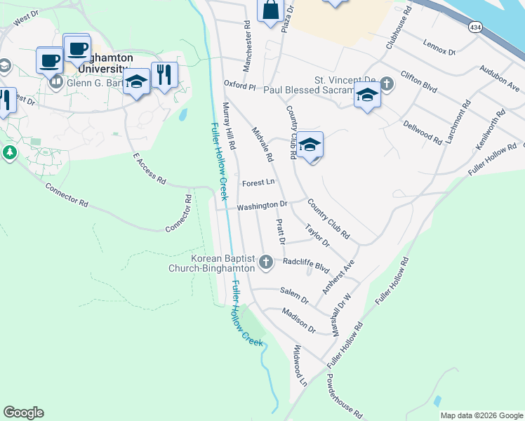 map of restaurants, bars, coffee shops, grocery stores, and more near 4600 Washington Dr in Vestal