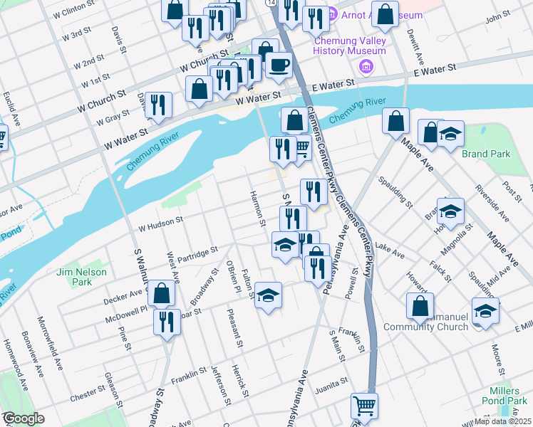 map of restaurants, bars, coffee shops, grocery stores, and more near 218 West Henry Street in Elmira