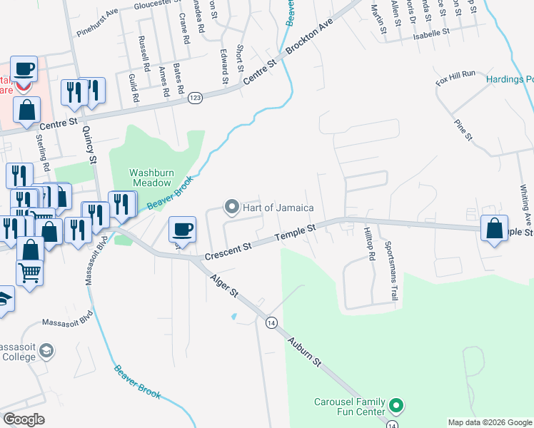 map of restaurants, bars, coffee shops, grocery stores, and more near 35 Rhonda Road in Brockton