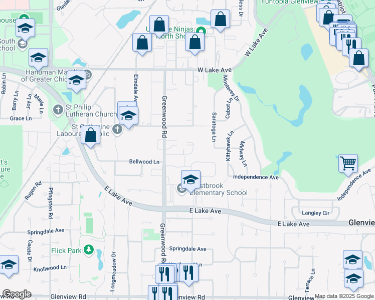 map of restaurants, bars, coffee shops, grocery stores, and more near 1511 Collins Avenue in Glenview