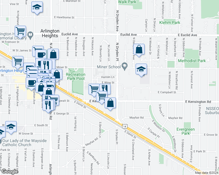 map of restaurants, bars, coffee shops, grocery stores, and more near 45 North Lincoln Lane in Arlington Heights