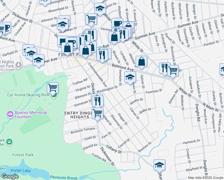 map of restaurants, bars, coffee shops, grocery stores, and more near 67-69 Washington Street in Springfield