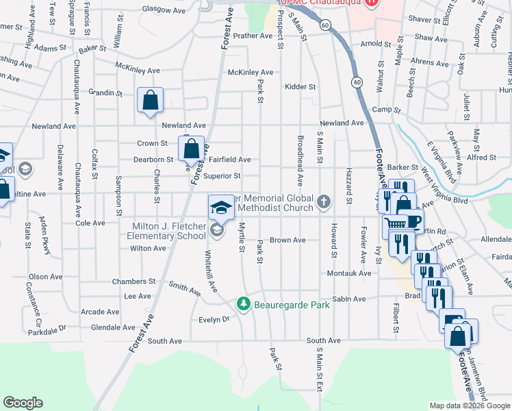 map of restaurants, bars, coffee shops, grocery stores, and more near 166 Park Street in Jamestown