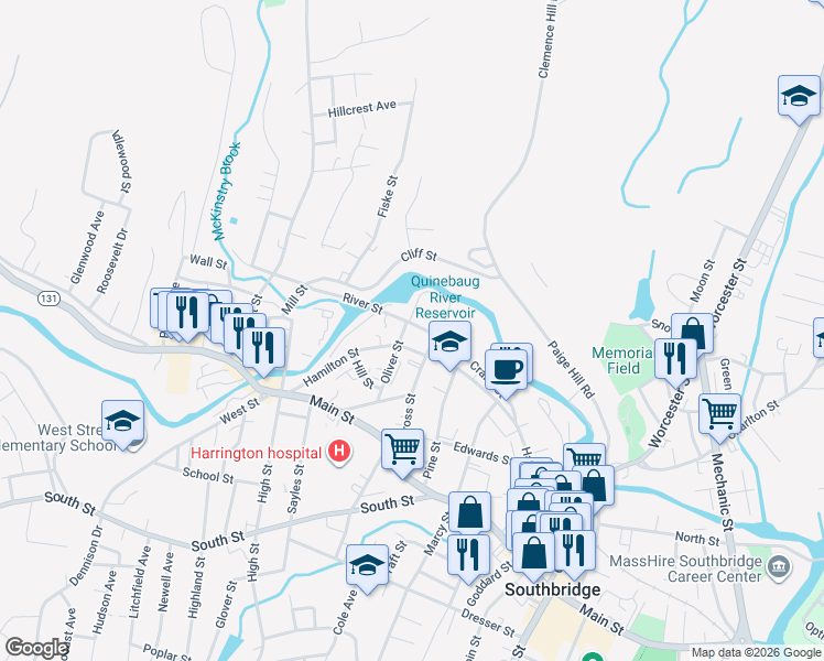 map of restaurants, bars, coffee shops, grocery stores, and more near 37 River Street in Southbridge