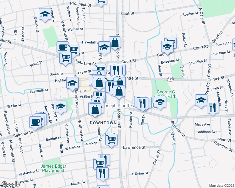 map of restaurants, bars, coffee shops, grocery stores, and more near 70 School Street in Brockton