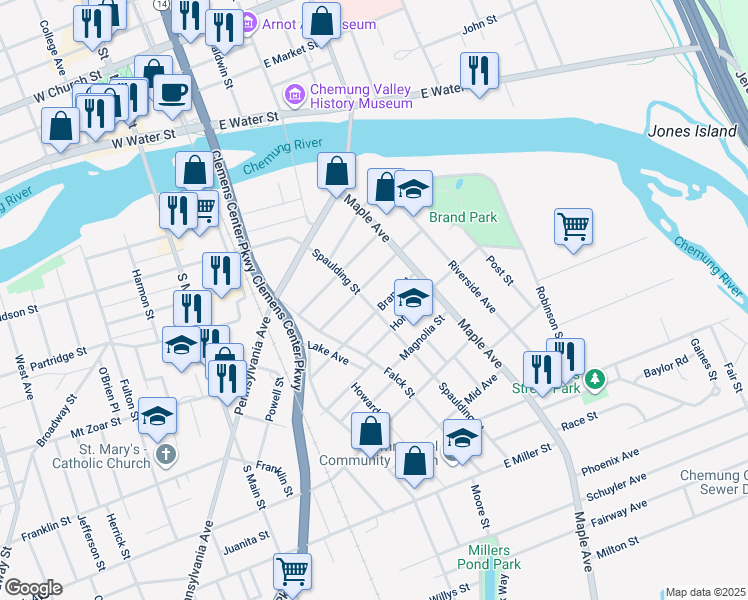 map of restaurants, bars, coffee shops, grocery stores, and more near 457 Spaulding Street in Elmira