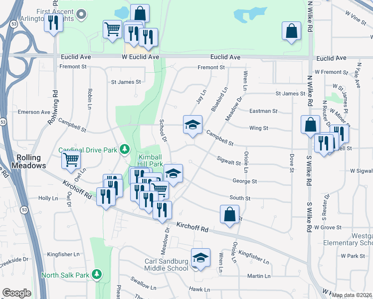 map of restaurants, bars, coffee shops, grocery stores, and more near 2801 Sigwalt Street in Rolling Meadows