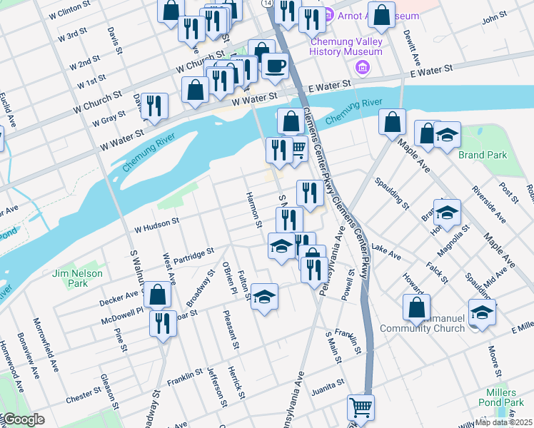 map of restaurants, bars, coffee shops, grocery stores, and more near 216 West Henry Street in Elmira