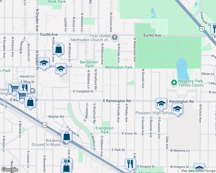 map of restaurants, bars, coffee shops, grocery stores, and more near 14 North Forrest Avenue in Arlington Heights