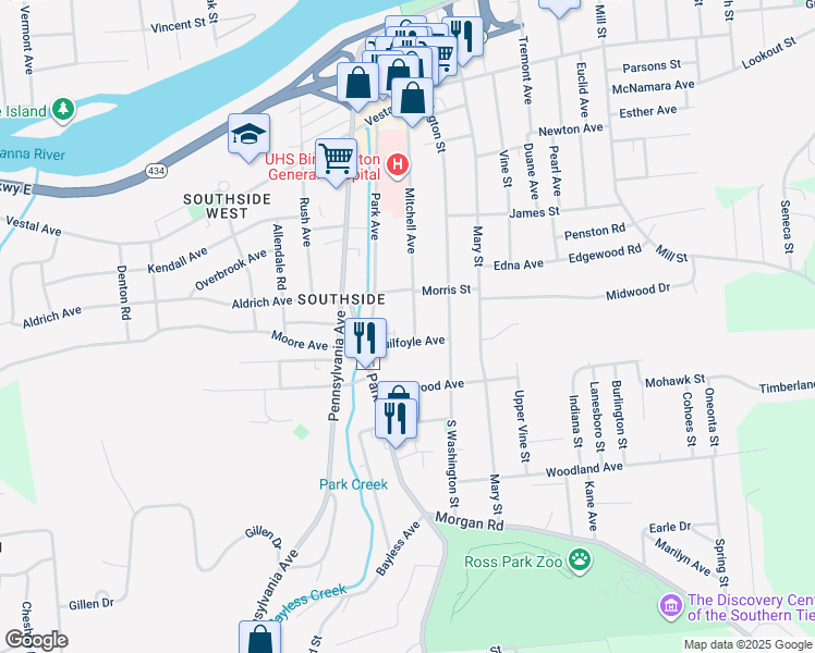 map of restaurants, bars, coffee shops, grocery stores, and more near 94 Mitchell Avenue in Binghamton