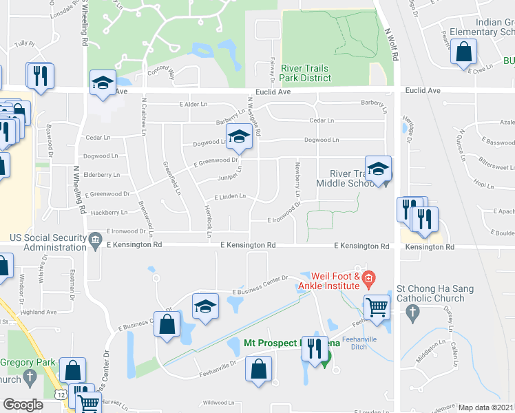 map of restaurants, bars, coffee shops, grocery stores, and more near 1301 East Mulberry Lane in Mount Prospect