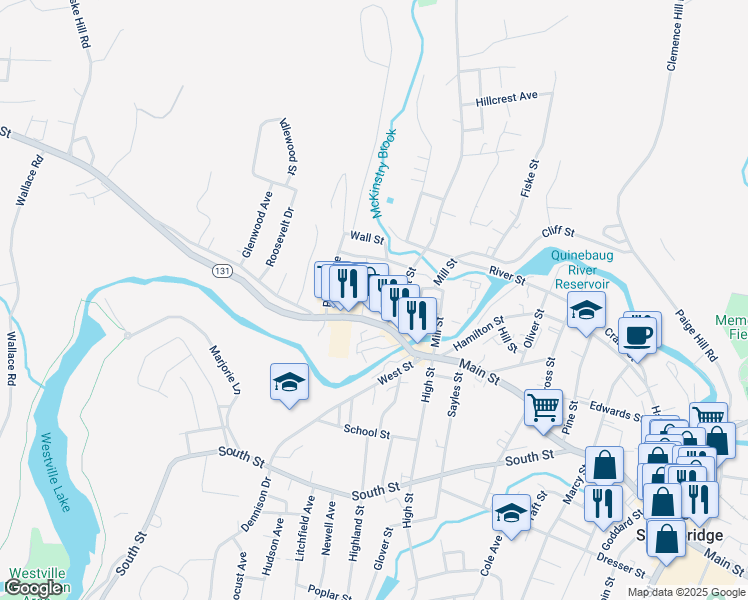 map of restaurants, bars, coffee shops, grocery stores, and more near 908 Main Street in Southbridge