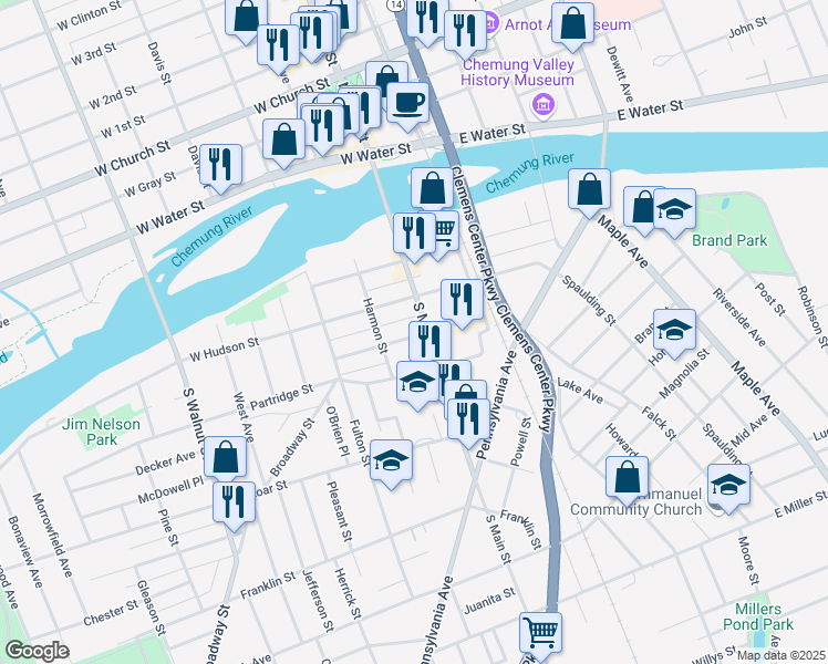 map of restaurants, bars, coffee shops, grocery stores, and more near 204 West Henry Street in Elmira