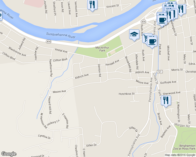 map of restaurants, bars, coffee shops, grocery stores, and more near 30 Denton Road in Binghamton