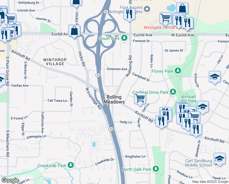 map of restaurants, bars, coffee shops, grocery stores, and more near 3802 Ashley Court in Rolling Meadows