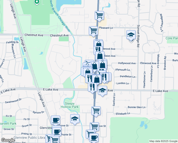 map of restaurants, bars, coffee shops, grocery stores, and more near 1478 Pebblecreek Drive in Glenview