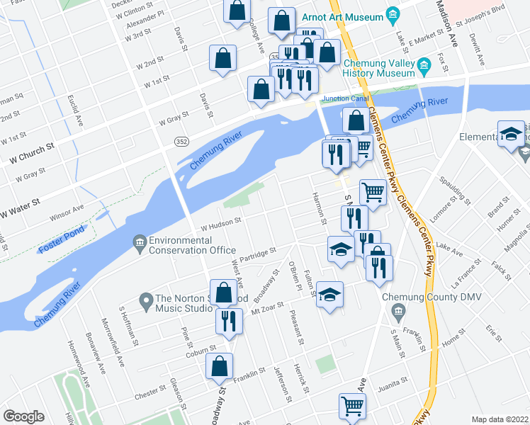 map of restaurants, bars, coffee shops, grocery stores, and more near West Hudson Street & Chestnut Street in Elmira