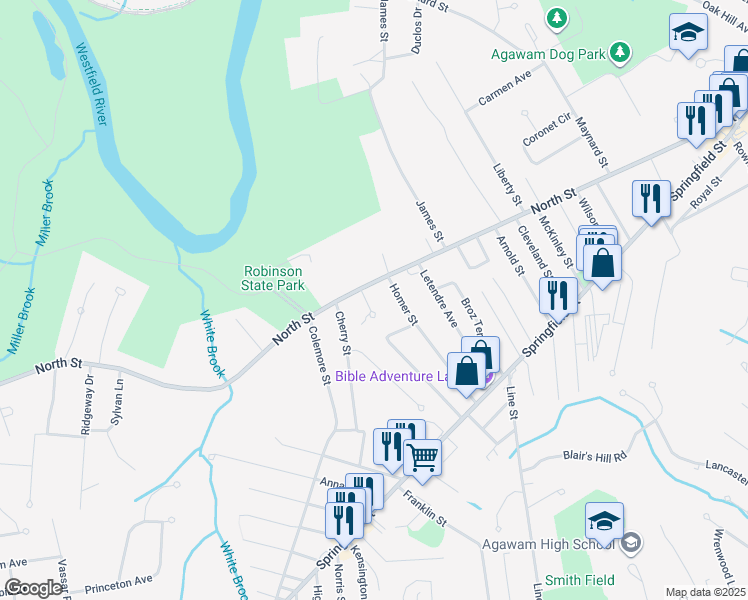 map of restaurants, bars, coffee shops, grocery stores, and more near 15 Barberry Lane in Agawam