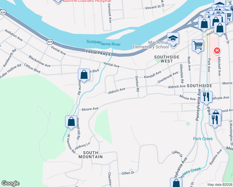 map of restaurants, bars, coffee shops, grocery stores, and more near 83 Aldrich Avenue in Binghamton